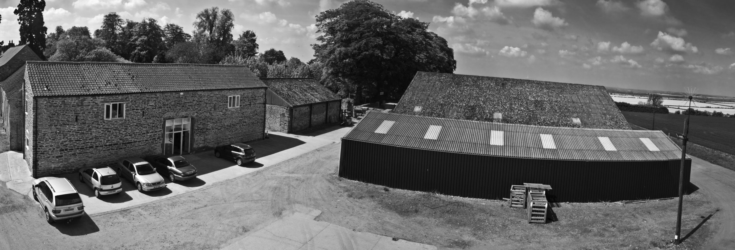 Black and white image of Fizzco's old site on a Christmas tree farm.