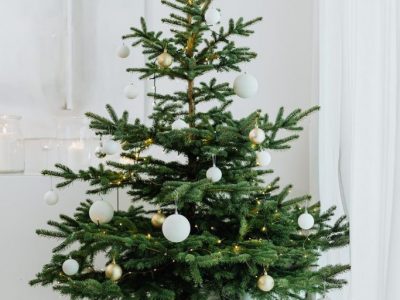 A green Christmas tree decorated with white and gold baubles and warm white fairy lights.