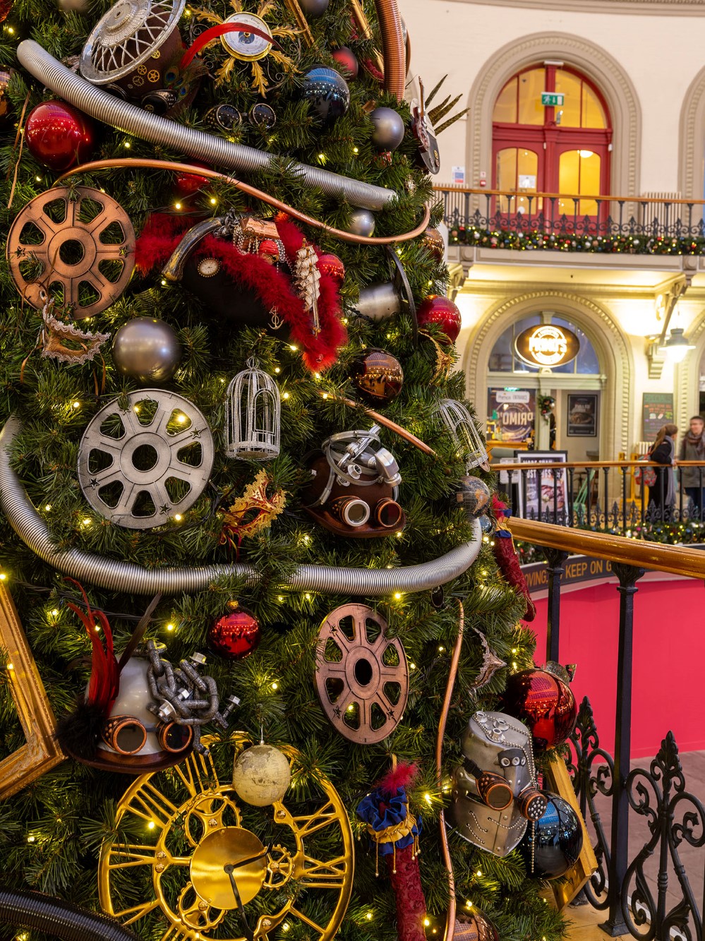 Close up image of Large-scale Christmas Tree designed by Fizzco Projects at Leeds Corn Exchange Shopping Centre for the Christmas season.