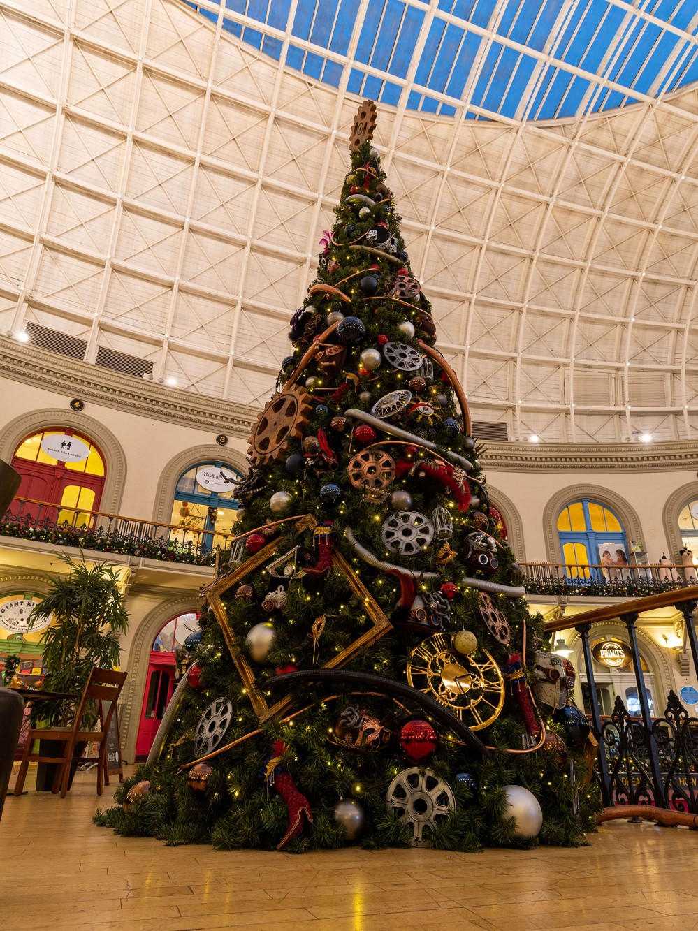 Large-scale Christmas Tree designed by Fizzco Projects at Leeds Corn Exchange Shopping Centre for the Christmas season.
