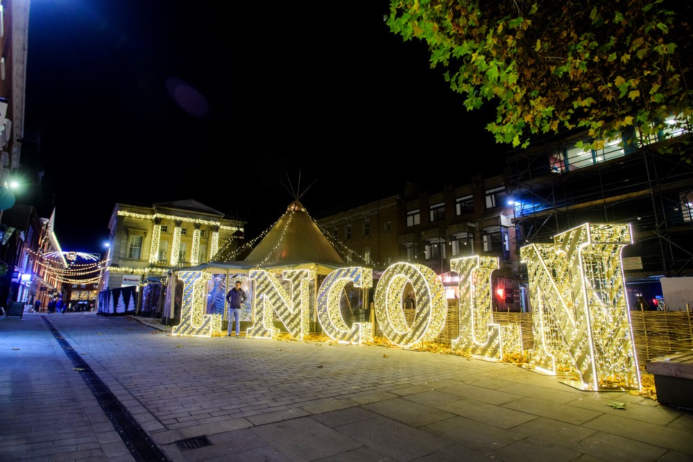 Gold light up Lincoln letters displayed in the Cornhill Quarter in Lincoln.
