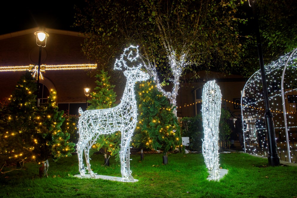 Two bright white light up reindeer motifs displayed outside in St Marks garden in Lincoln City Centre.