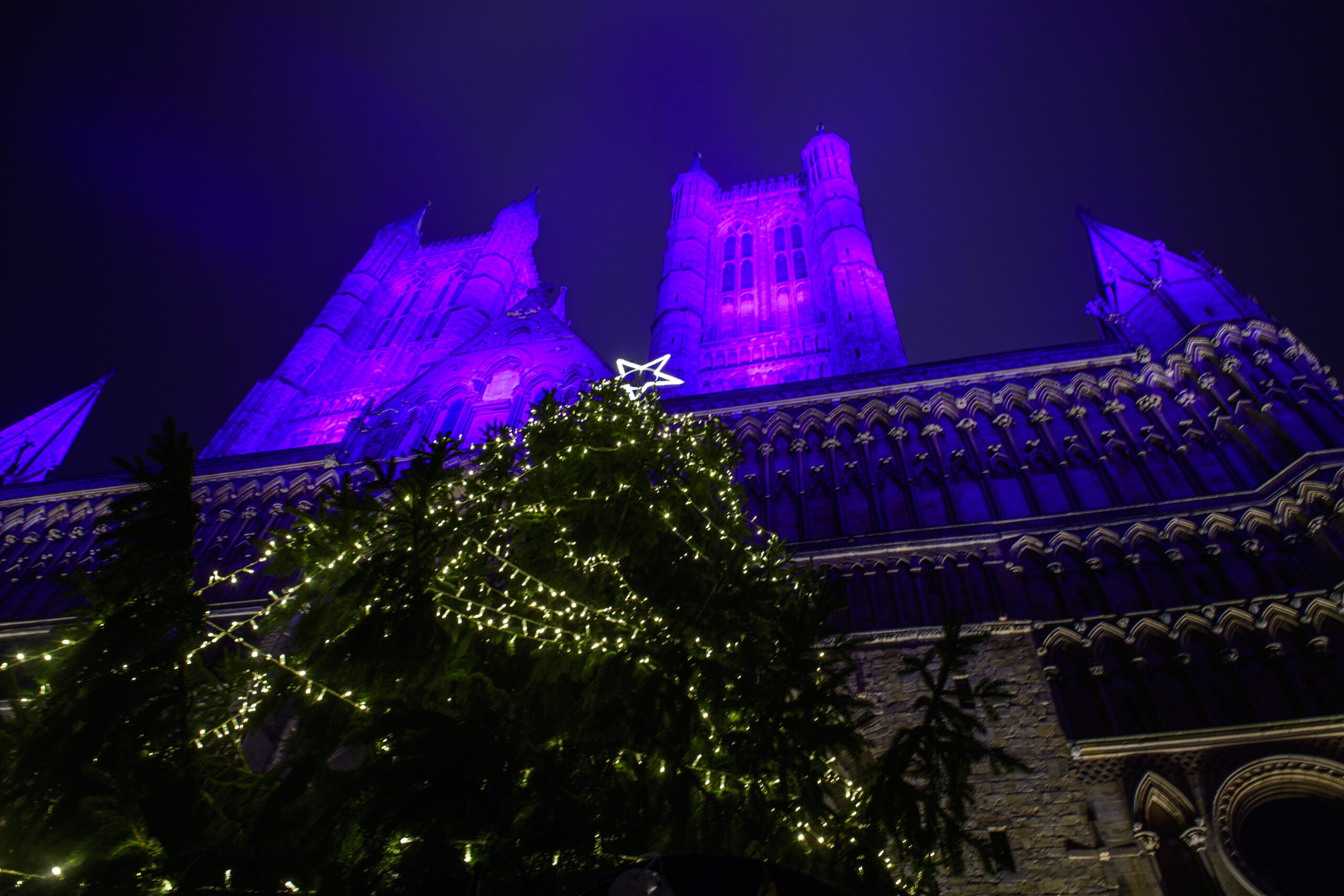Christmas Tree decorated with Warm White Lights displayed outside Lincoln Cathedral for the Christmas season.